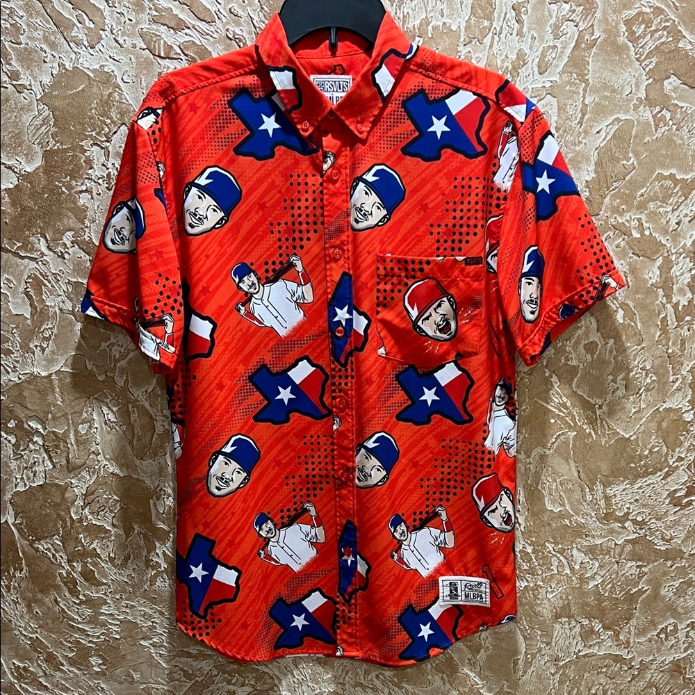 RSVLTS Vibrant Red Shirt with Blue and White Patterns